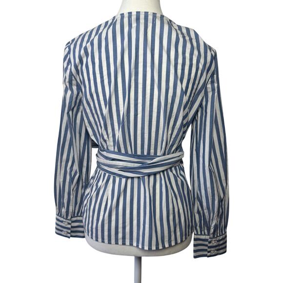 Madewell Top Women S Cuffed-Sleeve Wrap Blouse in Stripe Blue White Clean Girl - Picture 2 of 8